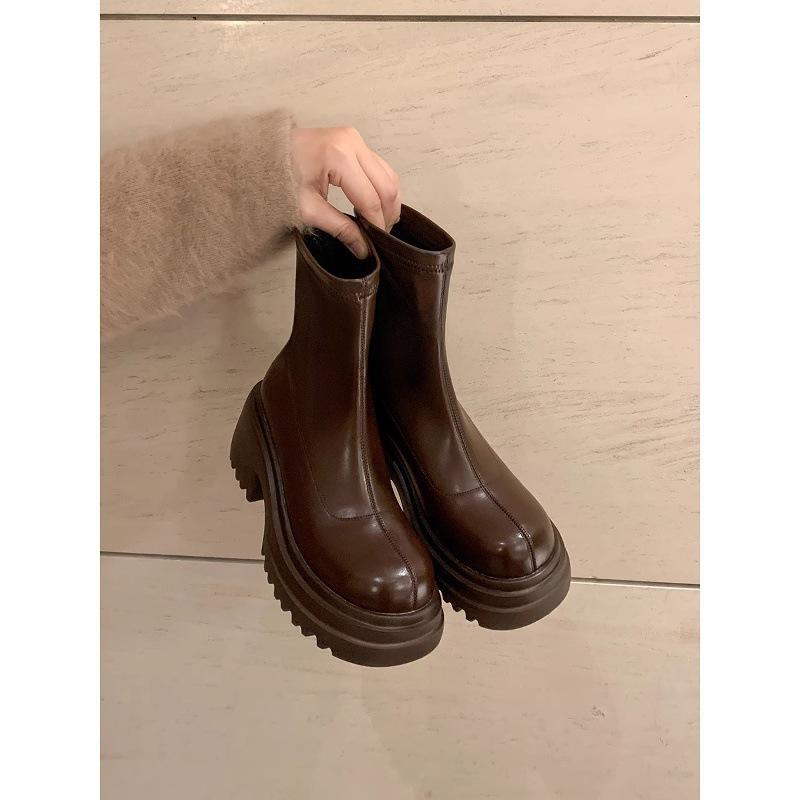 Round Head Rear Zipper Thick Bottom Thin Short Boots Women's Autumn and Winter New Korean Version High Thick Heel Short Tube Muffin Elastic Boots