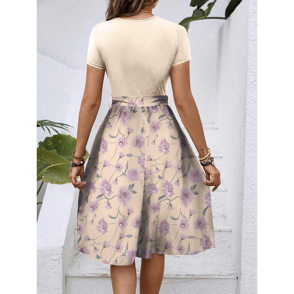 Abito Casual da Donna alla Moda con Stampa a Motivo Retrò, Color Block e Cintura