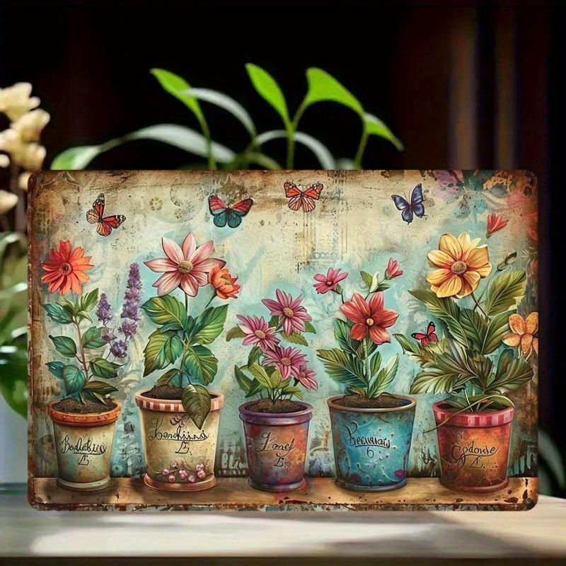 Charming Vintage Garden Metal Sign - Rustic Potted Plants & Colorful Flowers Design, Durable Iron Wall Art for Home Office Decor