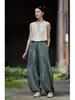 Damen-Retro-Leinenhose mit Batikmuster und weitem Bein im Laternen-Stil