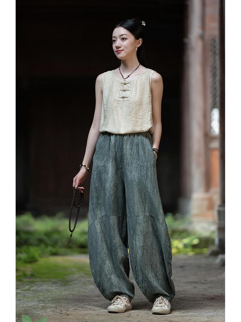 Damen-Retro-Leinenhose mit Batikmuster und weitem Bein im Laternen-Stil