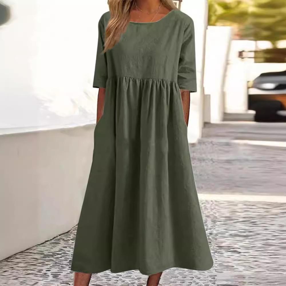 Summer Cotton and Linen Casual Short Sleeve Pocket Pleated Loose O-Neck Dress