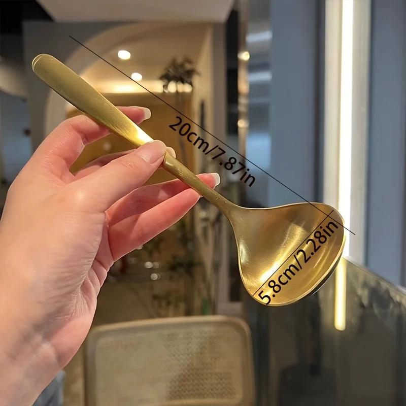 2 st gyllene stora skedar i rostfritt stål, för gryta, soppa, gröt - långa handtag, eleganta köks- och matredskap, sked