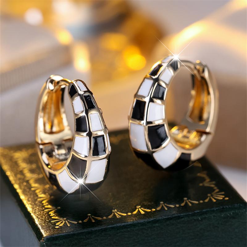 1 Pair Golden Color Black White Enamel Circle Earrings Women Wedding Drop Earrings Jewelry