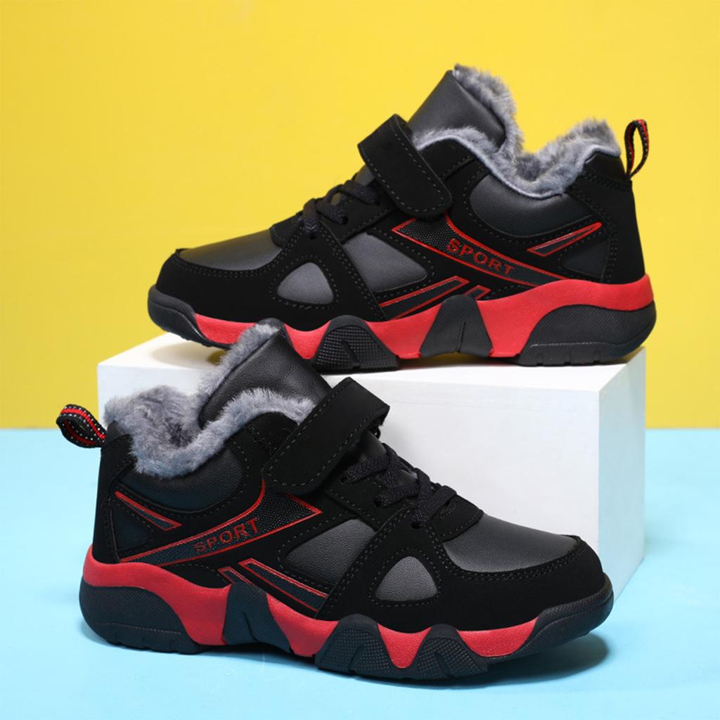 Winter Fleece Lined Kids Running Shoes Lightweight Breathable Athletic Sneakers with Hook and Loop Closure for Elementary School Children