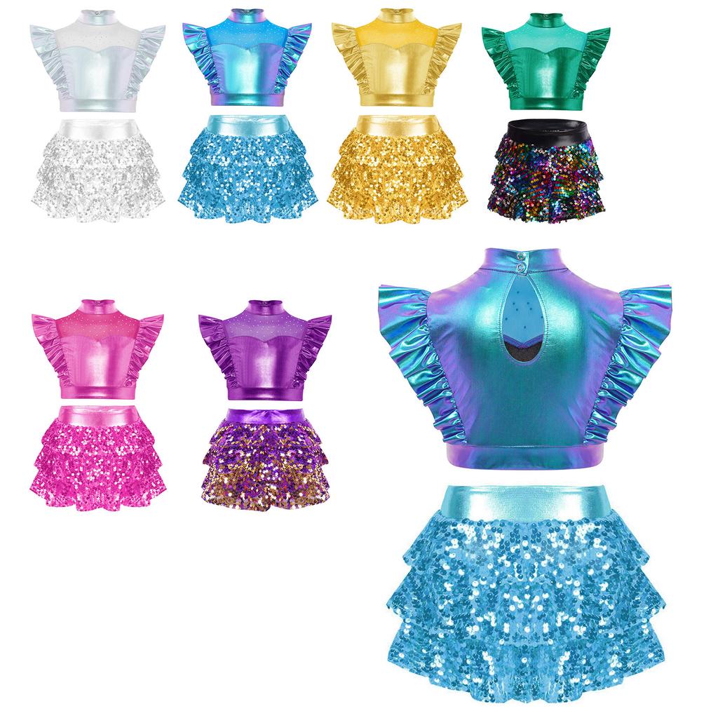 Girls Jazz Dance Outfit Mock Neck Rhinestone Adorned Mesh Patchwork Sleeveless Metallic Ruffle Crop Top