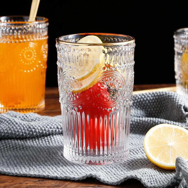 2 Stück 10,3 oz/12 oz Wasserbecher mit Sonnenblumenmuster und goldenem Rand, Bierbecher, Saft, Kaltgetränkebecher, Luxus-Tee-/Eiskaffeebecher, Trinkgeschirr