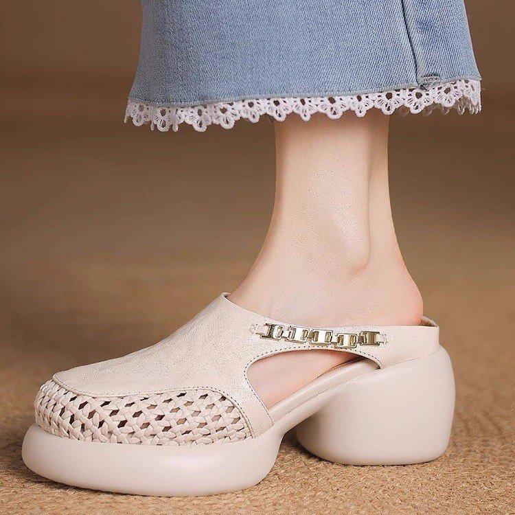 

Босоножки Baotou на толстой подошве из мягкой кожи с перфорацией, летние плетеные сетчатые шлепанцы на высоком каблуке для женщин 40