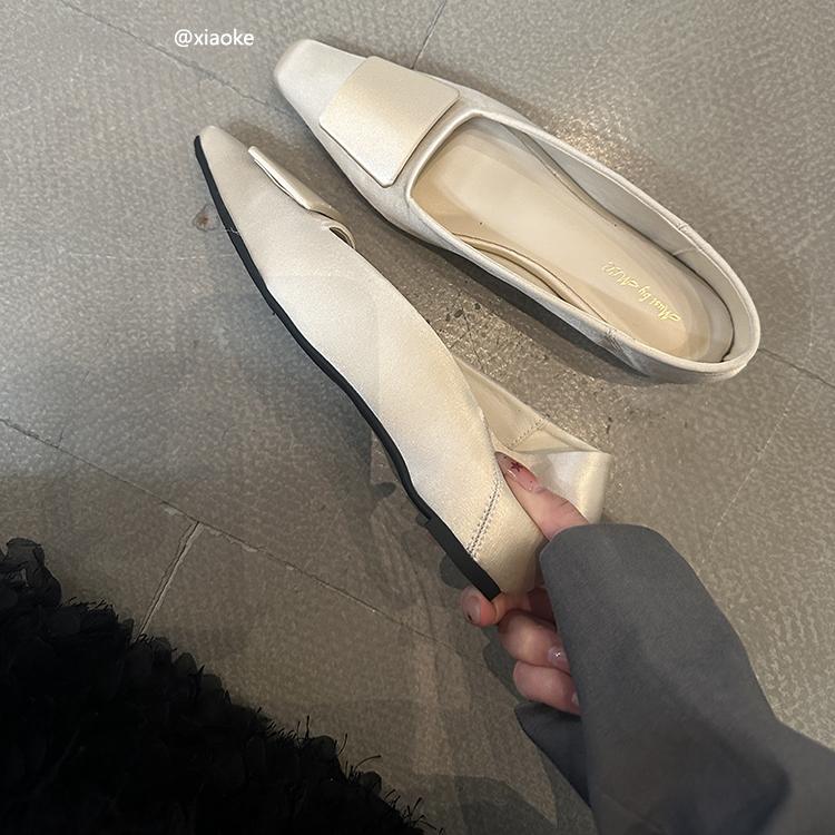 Inner Height Increase 3CM Square Head Single Shoes Women's 2025 Spring New Models with Skirts Flat-bottomed Satin Square Buckle Commuter Grandma Shoes