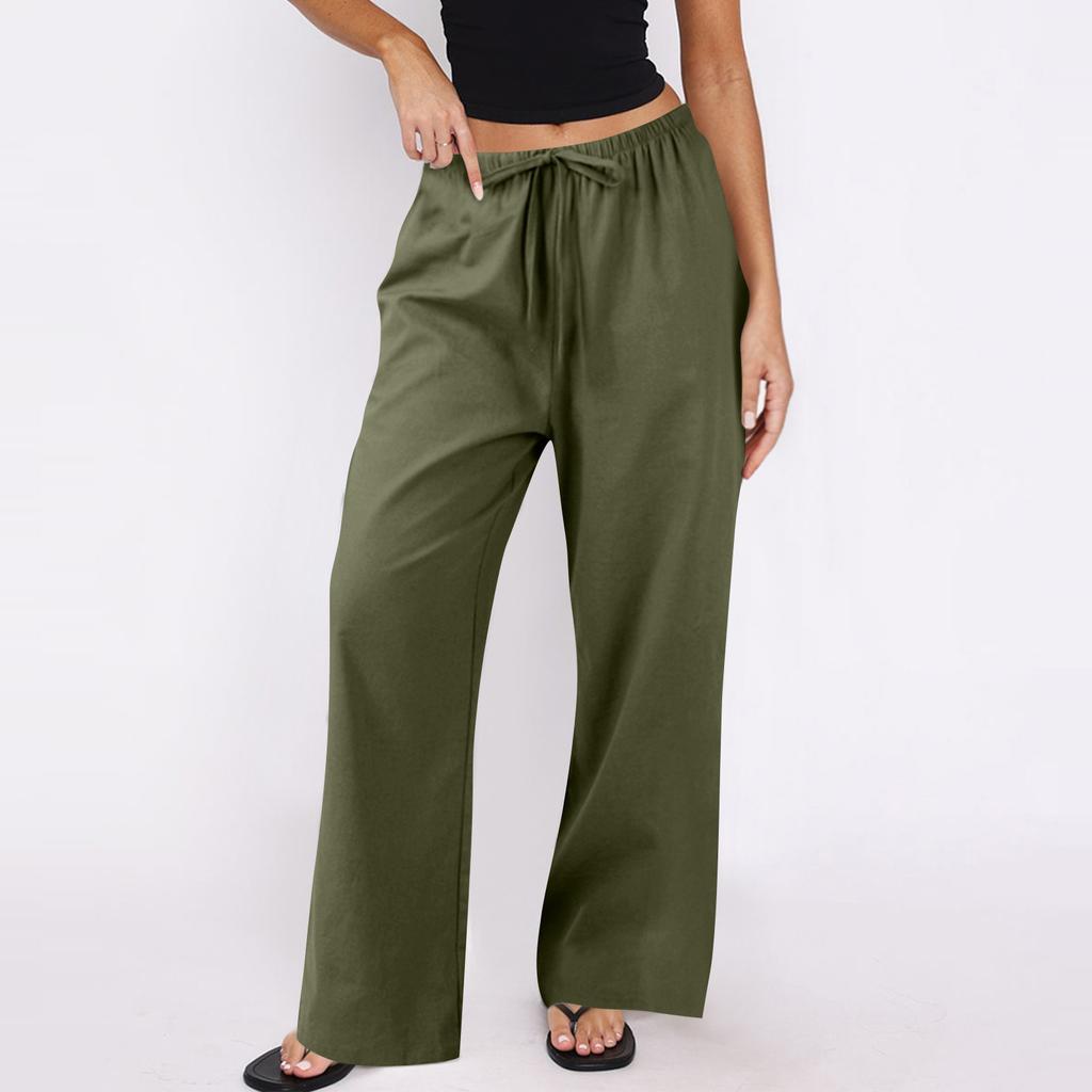 Women's Cotton And Linen Casual Summer Straight Wide Leg Loose Drawstring Elastic Waistband Pocket Trousers