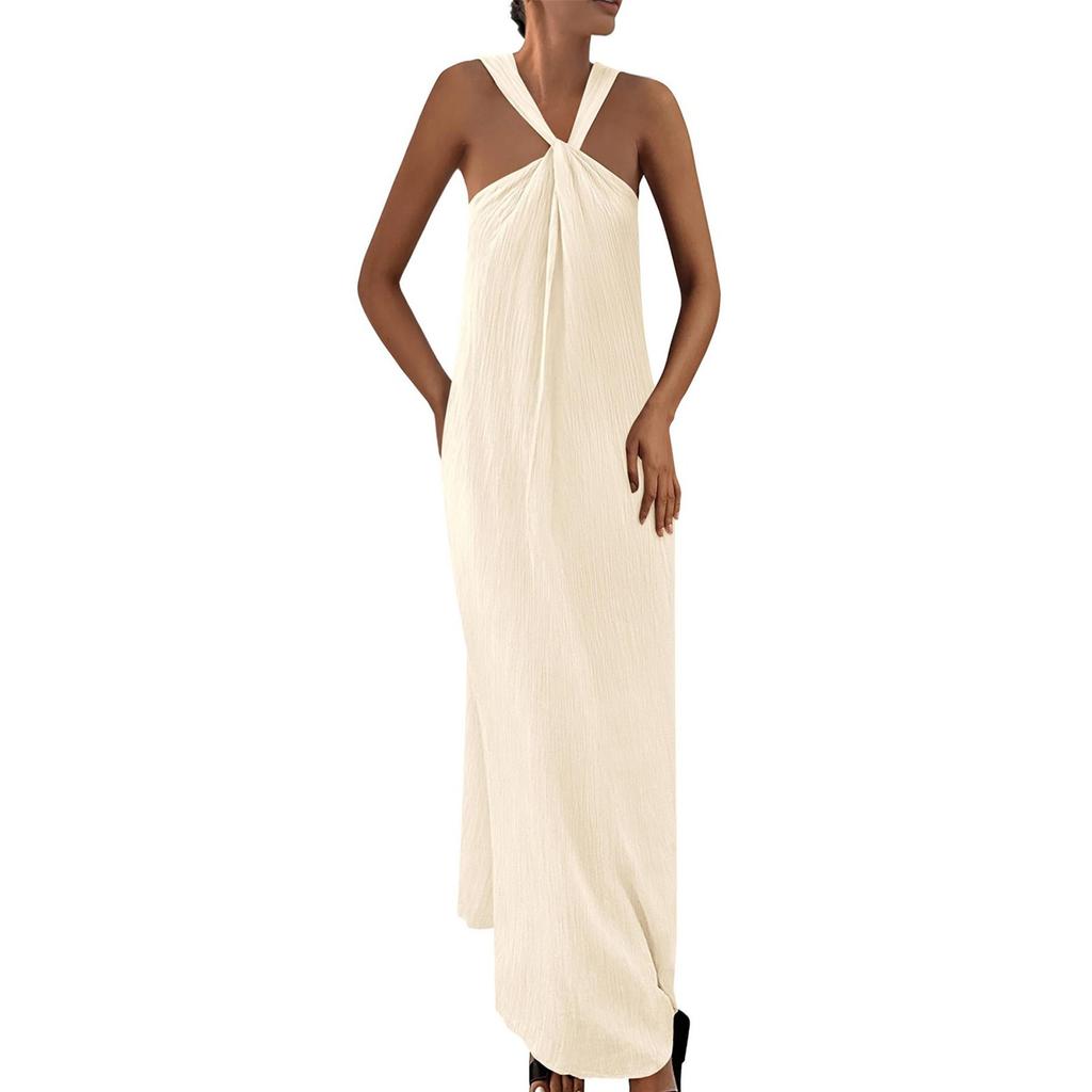 Dámské módní a sexy jednobarevné šaty s výstřihem do V, bez rukávů, na plážovou dovolenou, ležérní