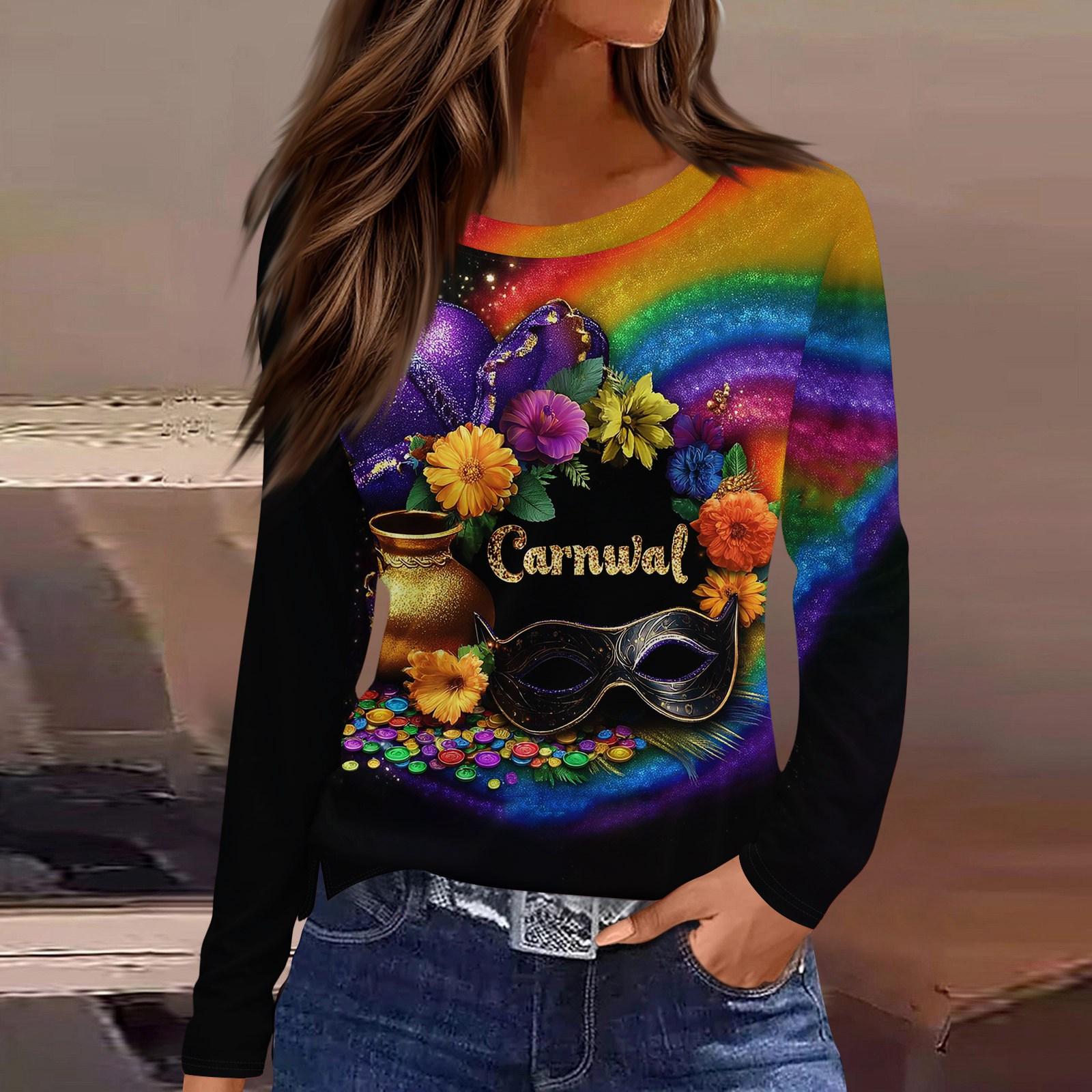 

Женский модный топ с круглым вырезом, длинными рукавами и разрезом по низу, с карнавальным принтом XXL