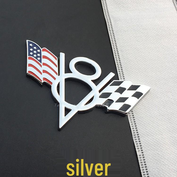 V8 Metal Car Decals for Chevrolet, Dodge, Jeep Tailgates - Includes American, German, British Flags