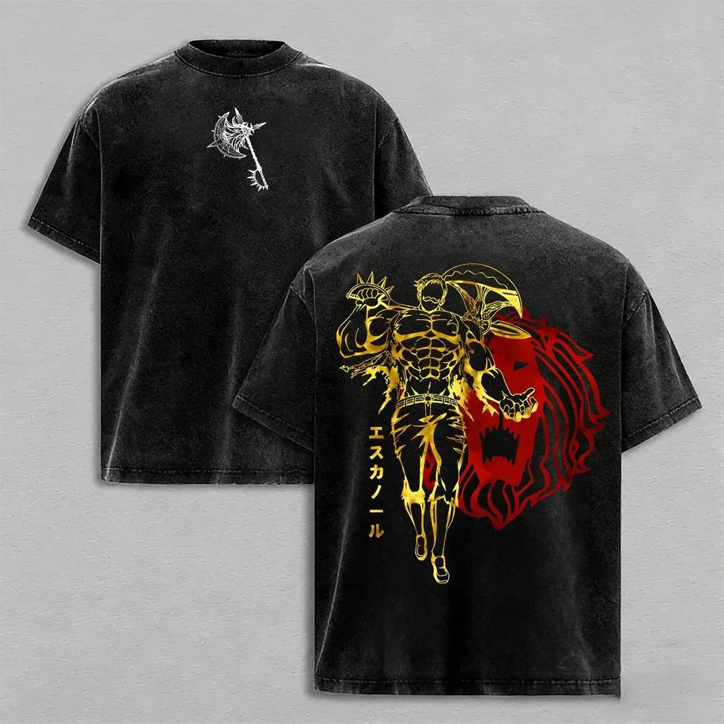 Anime-Liebhaber Sieben Todsünden Escanor Bedrucktes Unisex Gewaschenes Oversized T-Shirt Unisex Baumwolle Streetwear Kurzarm Unisex Kleidung