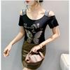 Fashion Women’s Mesh Bling Butterfly T-Shirt Clothes Sexy Off Shoulder Luxury Hot Diamonds Tops Summer Short Sleeve Female Tees Blouse