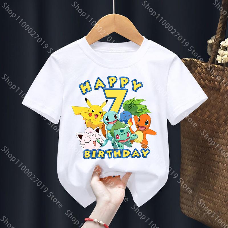 Happy Birthday T Shirt Cartoon Pikachus Squirtles Cute T Shirt for Boys Pokemons Summer Student Clothes Tops Anime Short Sleeve