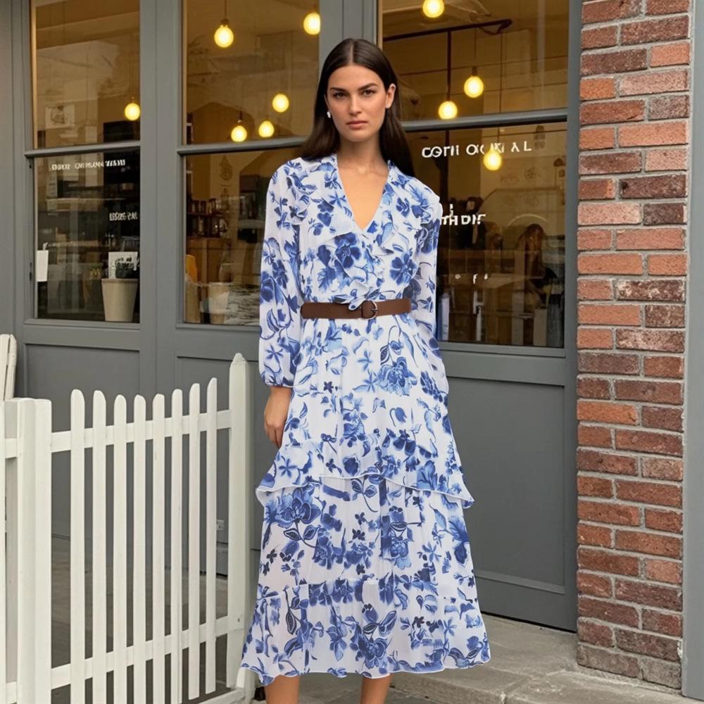 

Spring/Summer 2025 Women s Slim Fit Belted Print Midi Dress L синий