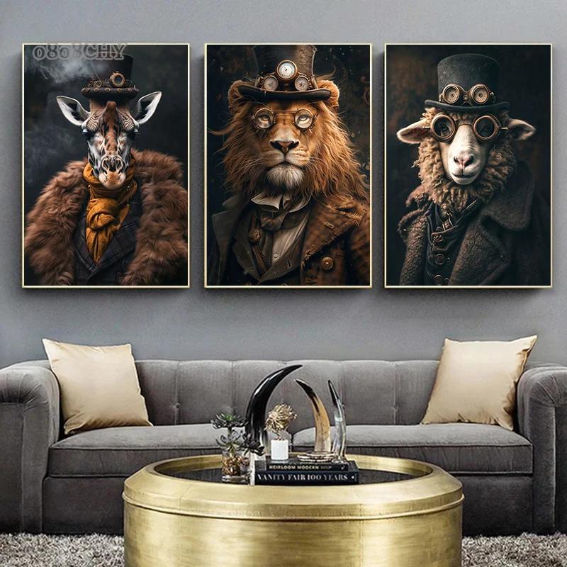 Steampunk Animals Royal Cat Sheep Dog Squirrel Rhino Posters Canvas Print Art Paintings Cuadros Wall Art for Living Room Decor