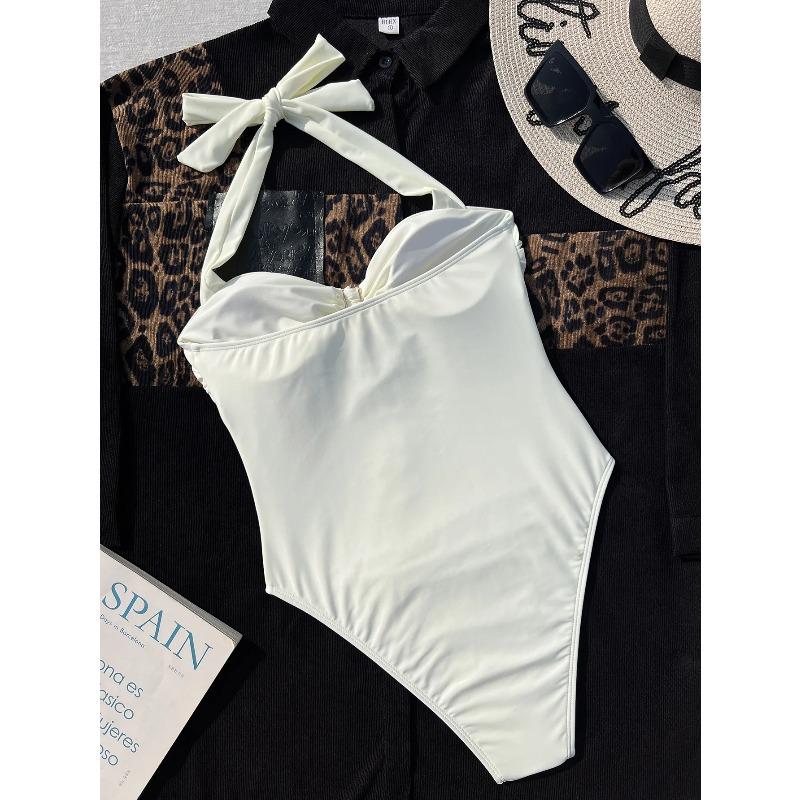 Vintage White Swimwear Women 2026 Hatler Metal Starfish Cut Out Pleate Backless One Piece Swimsuit Beach Bathing Suit Monokini