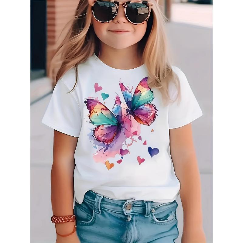 Girls Crewneck Short Sleeve T-Shirt, Vibrant Watercolor Butterfly & Hearts Dream Graphic 110 белый