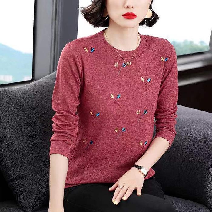 

Women s Long Sleeve T-Shirt: Spring/Autumn Stylish Plus Size Slimming Top for Middle-Aged Mothers M кирпич красный