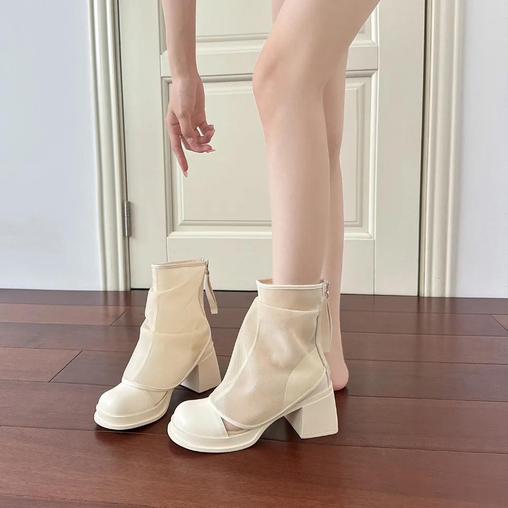 High Heeled Boots  Autumn and Summer New Thick Heel Thick Sole Cool Boots Double Design Mesh Boots Women Shoes
