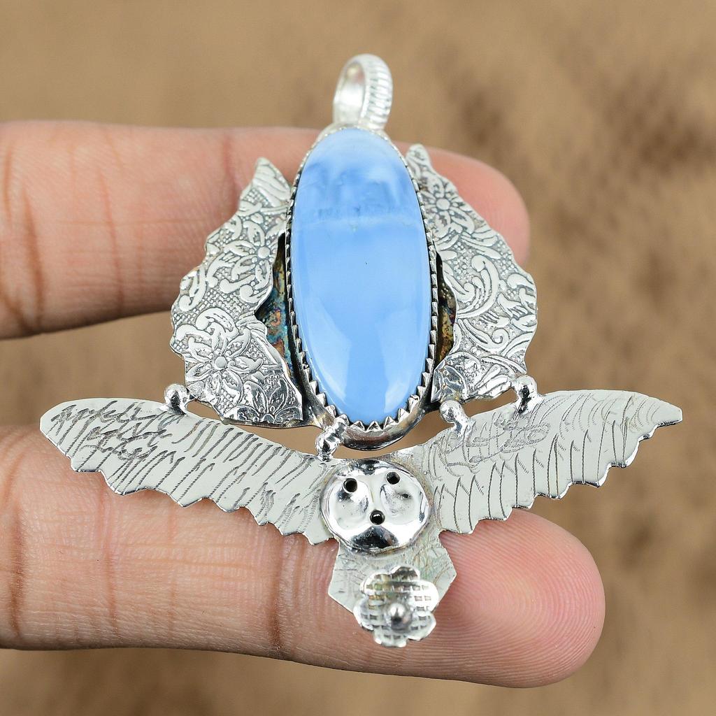 Natural Owyhee Blue Opal Gemstone Pendant Owl 925 Sterling Silver Indian Jewelry