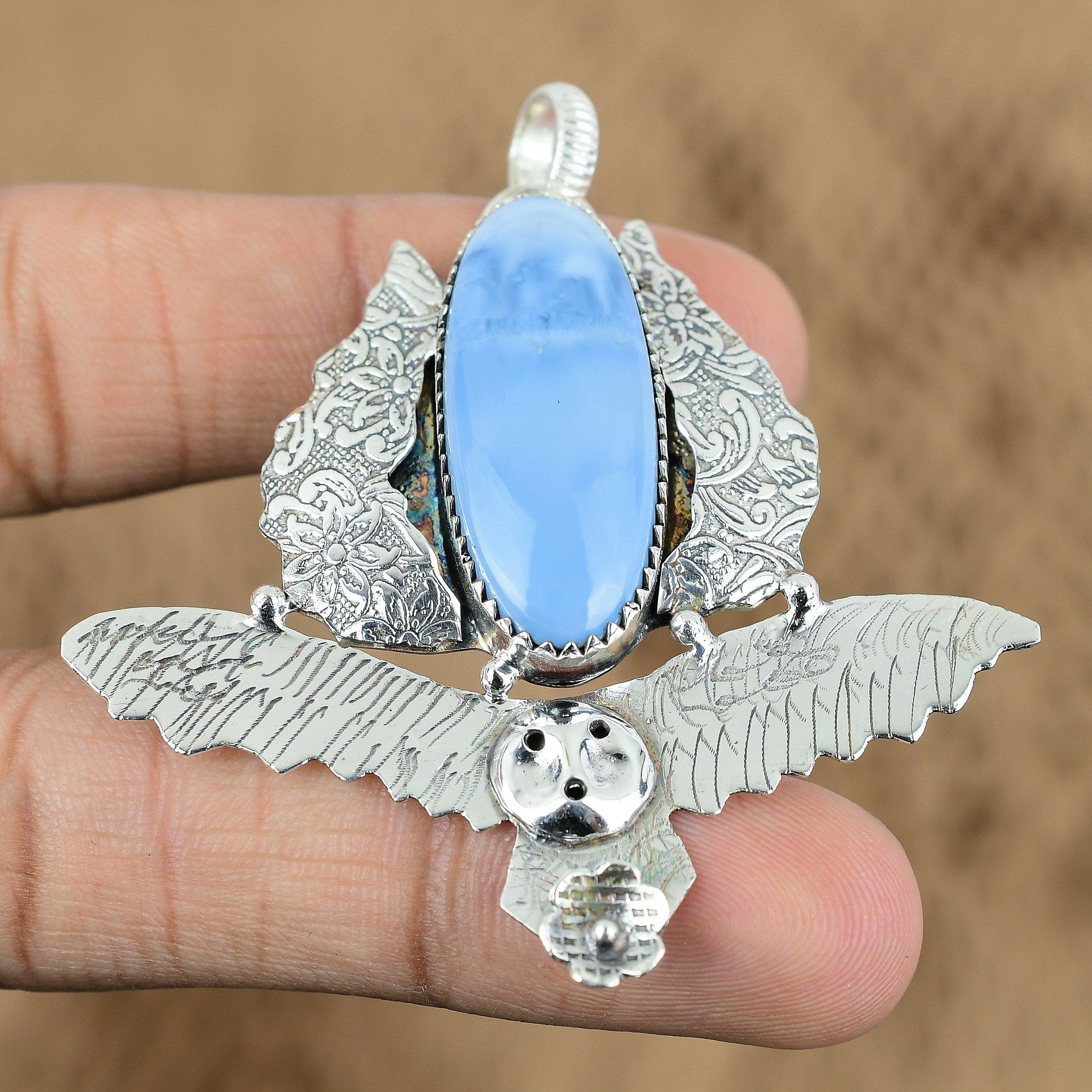 

Natural Owyhee Blue Opal Gemstone Pendant Owl 925 Sterling Silver Indian Jewelry