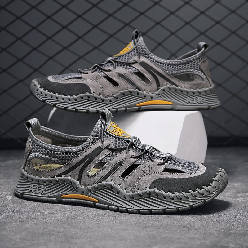 

Мужские сандалии из натуральной кожи с сетчатым узором, препятствующим столкновению, нескользящие, модные повседневные мужские пляжные туфли 44 серый