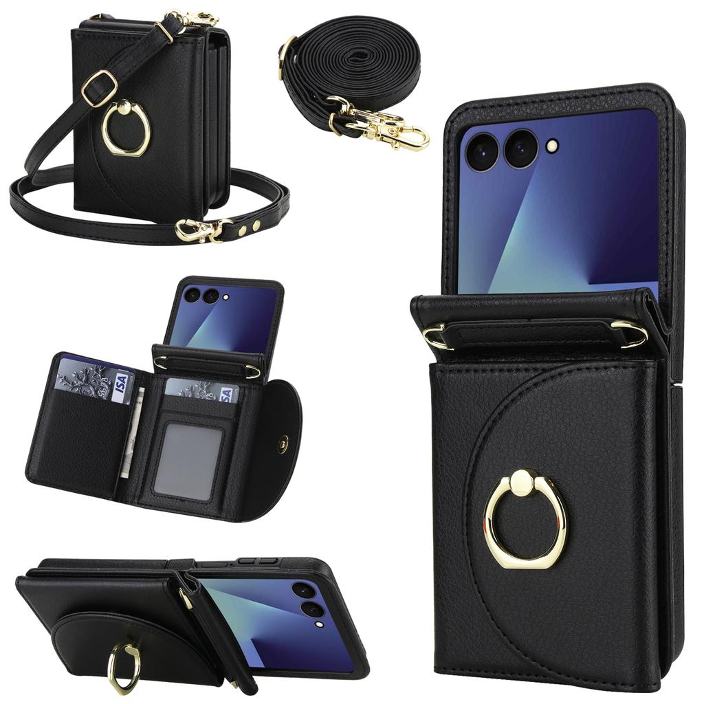Crossbody Ring Holder Cards Solt Wallet Flip Leather Phone Case For Samsung Galaxy Z Flip 7 6 5 4 3 7FE Adjustable Strap Cover