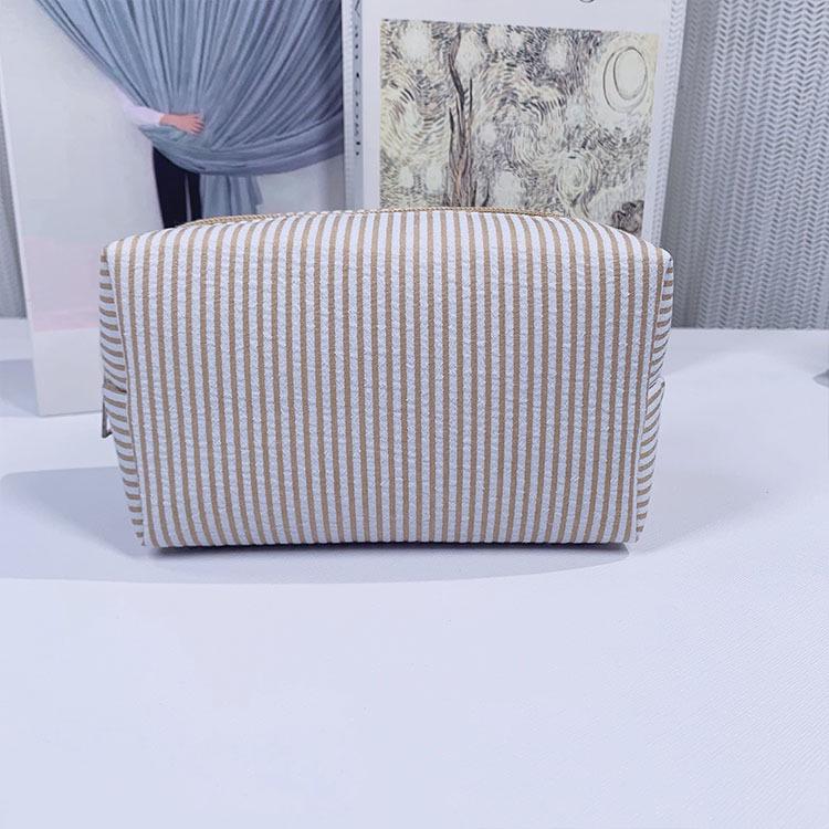 Seersucker Makeup & Toiletry Bag: Large Capacity, Embroidered, Striped Travel Clutch