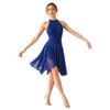 Shiny Rhinestone Lyrical Dance Dress Women Halter Sleeveless Keyhole Back Asymmetrical Mesh Built-in Briefs Figure Skating Performance