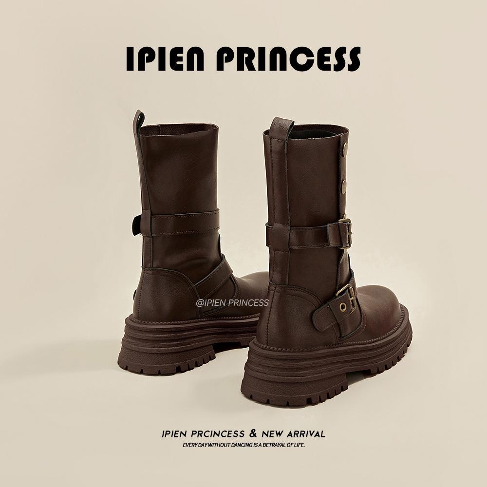 2025 New Women's British Style Martin Boots - Brown Retro Mid-Calf, Perfect for Early Autumn with Skirts