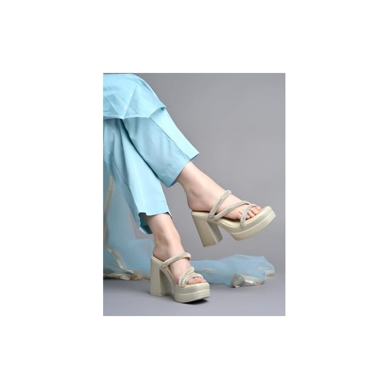 Shoetopia Embellished Golden Block Heels For Women & Girls /Eu37