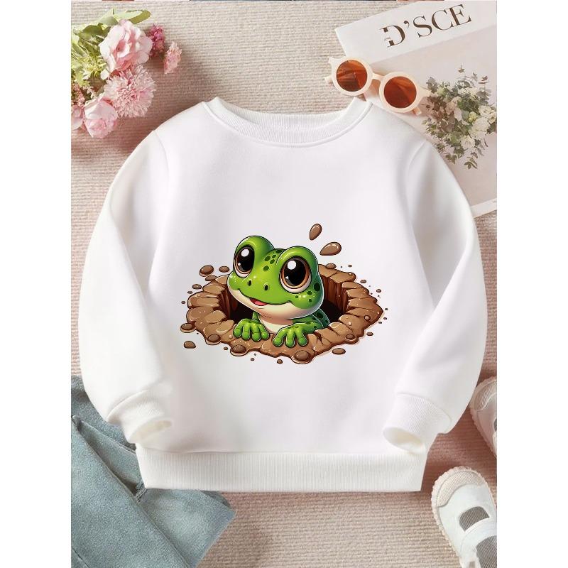 Kids Crewneck Sweatshirt, Cute Green Frog Peeking Out of Muddy Pond Graphic Print 110 белый