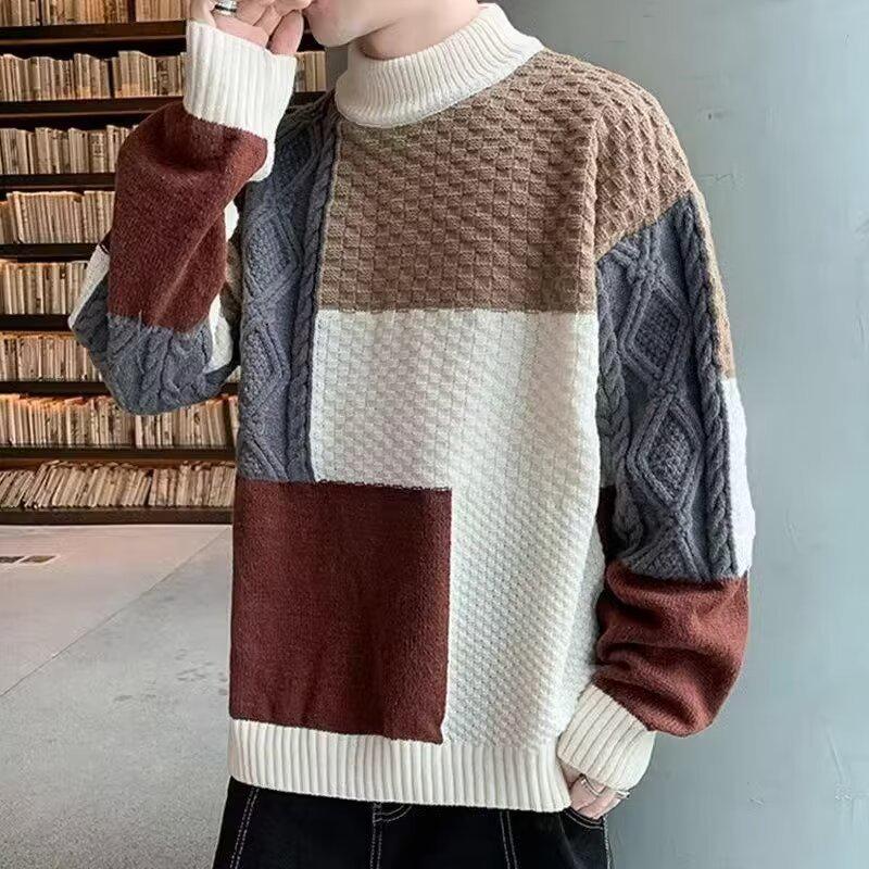 Men's Plus Size Color Block Sweater - Loose Fit, Korean Style, Round Neck Pullover for Autumn and Winter