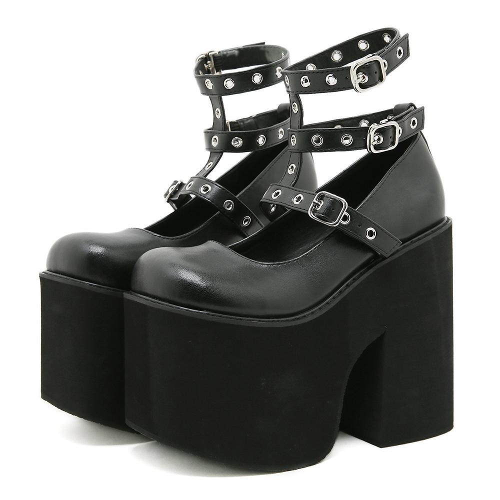 

Gdgydh Thick-heeled Waterproof Platform Punk Shoes Plus Size Fashion Rivets High-heeled Shoes for Women Pumps Ankle Buckle Strap 35 чёрный