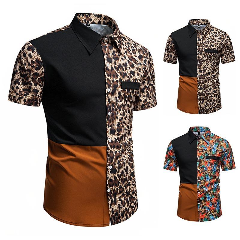 Sommer Herren Leo-Print Colorblock Kurzarmhemd Größe Herren Freizeit Locker Hemd Jacke