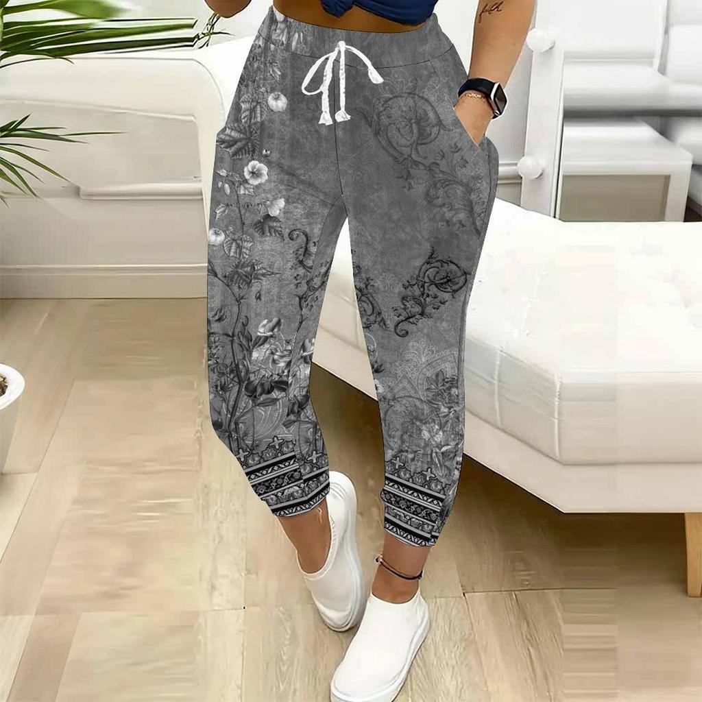 Summer Ladies Piece Splicing Printed Sweatpants Loose Fit Drawstring Joggers Elastic Cuff Daily Casual Pants