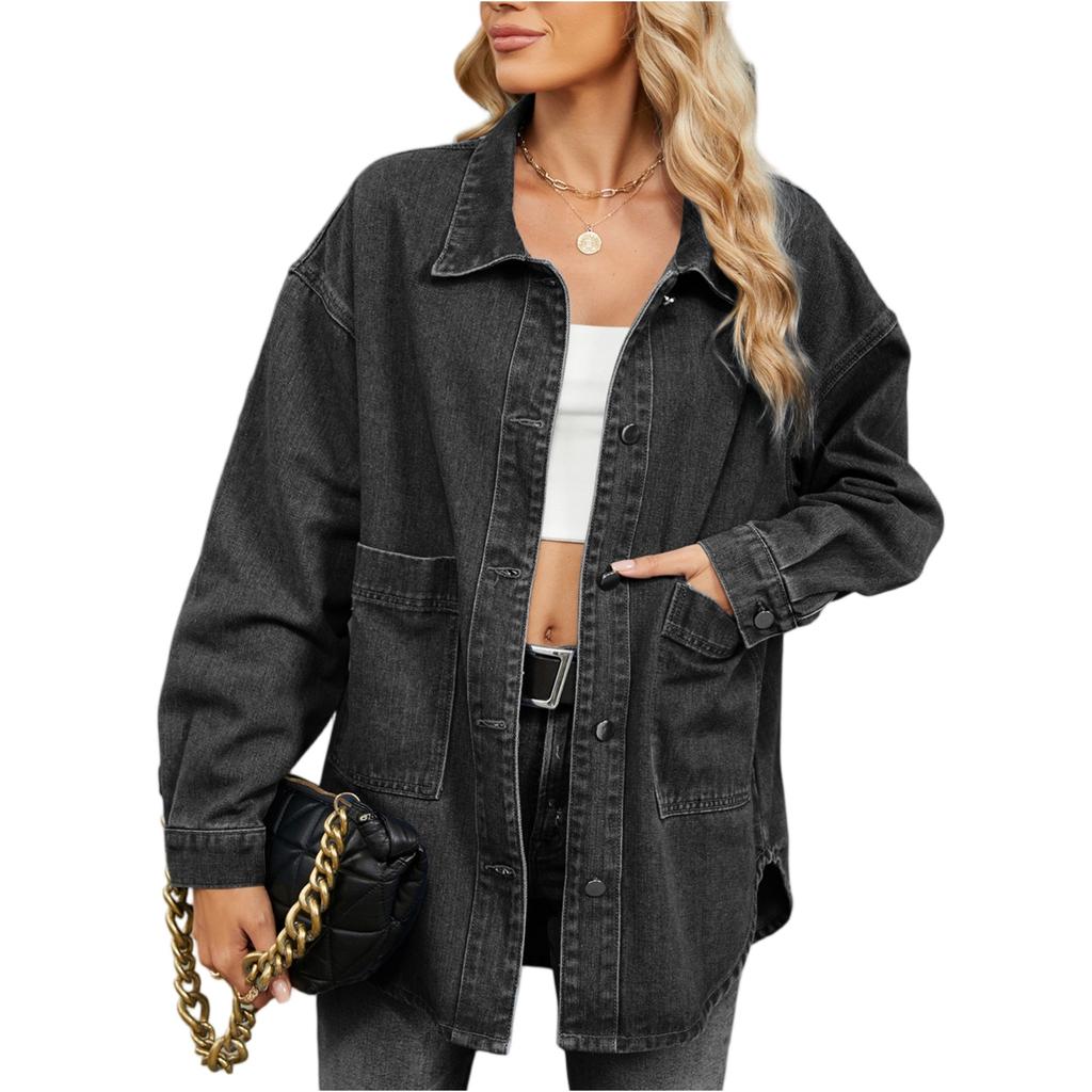Women's Fashionable Versatile Classic Retro Solid Color Lapel Long Sleeved Pocket Loose Denim Jacket