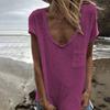 Women T-shirt Round Neck Short Sleeve Patch Pocket Tee Shirt Solid Color Loose Fit Thin Pullover Tops Daily Wear