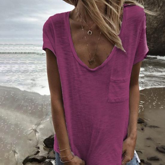 Women T-shirt Round Neck Short Sleeve Patch Pocket Tee Shirt Solid Color Loose Fit Thin Pullover Tops Daily Wear