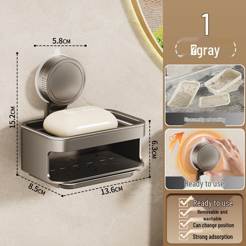 Punch-Free Wall-Mounted Double Layer Suction Cup Soap Dish with Drain - High-End Bathroom Storage