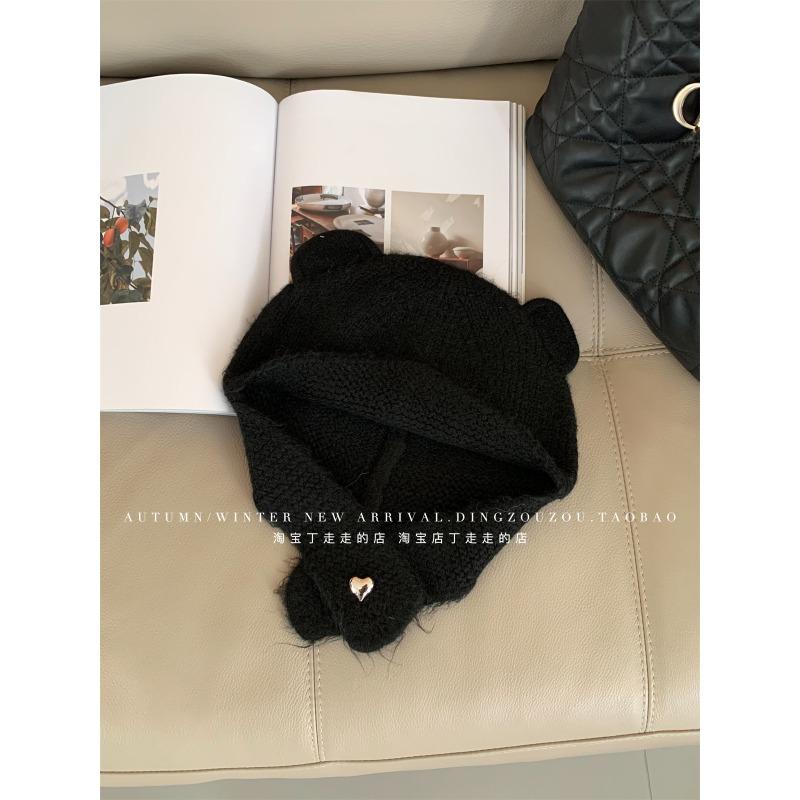 Cute Bear Ears Red Knitted Autumn and Winter Wool Hat Women's Warm Ear Protection Hat Showing Face Small Winter Headhat