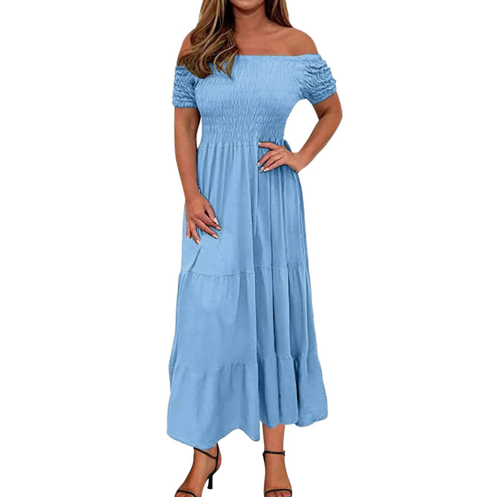 

Женское модное однотонное плиссированное многослойное платье с короткими рукавами и большим подолом M синий