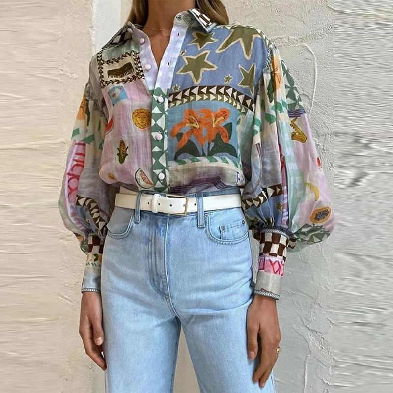 Women'S New Elegant Turn-Down Collar Tops Printed Loose Long Sleeve Shirt