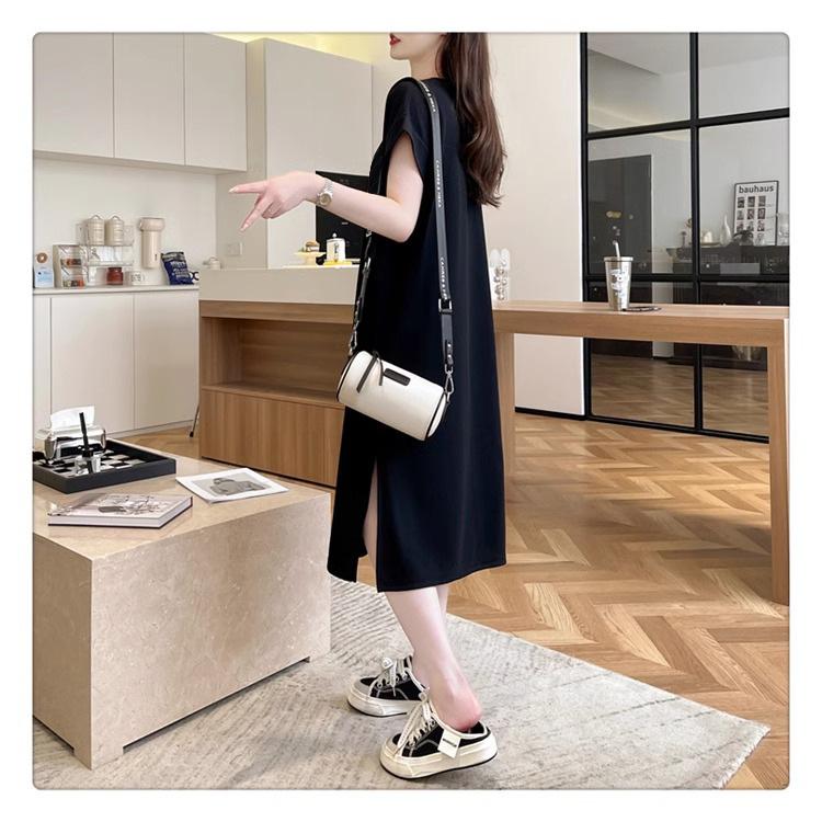 Women's Short-sleeved T-shirt Slit Dress Summer Mid-length Over-the-knee Dress Plus-size Age-reducing Clothes