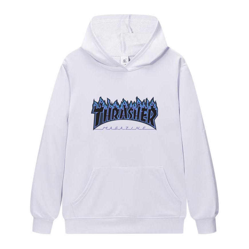 W02-5 Moletom com Capuz Unissex Thrasher Estampa de Chama Masculino Casual Solto Manga Longa Streetwear Pulôver