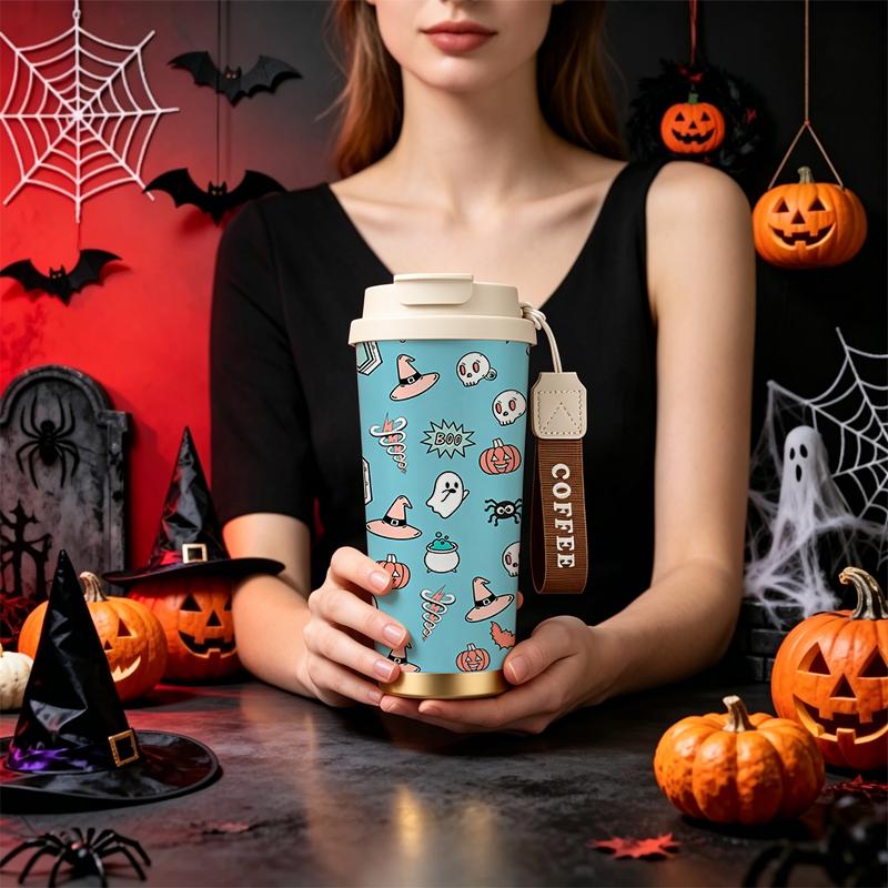 Halloween Coffee Cup 532ml Ghost Hat Pumpkin Skull Web Cauldron MotifPortable Thermos Large Capacity Tea Cup Car Portable Cup Coffee Cup 532ml