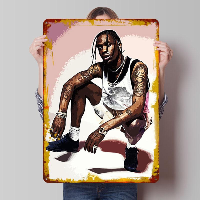 

Travis Scott Portrait Tinplate Poster Customized Wall Art Vintage Retro Metal Signs for Aesthetic Decoration Room Wand Deko Home 7.9x11.8In(20x30cm)